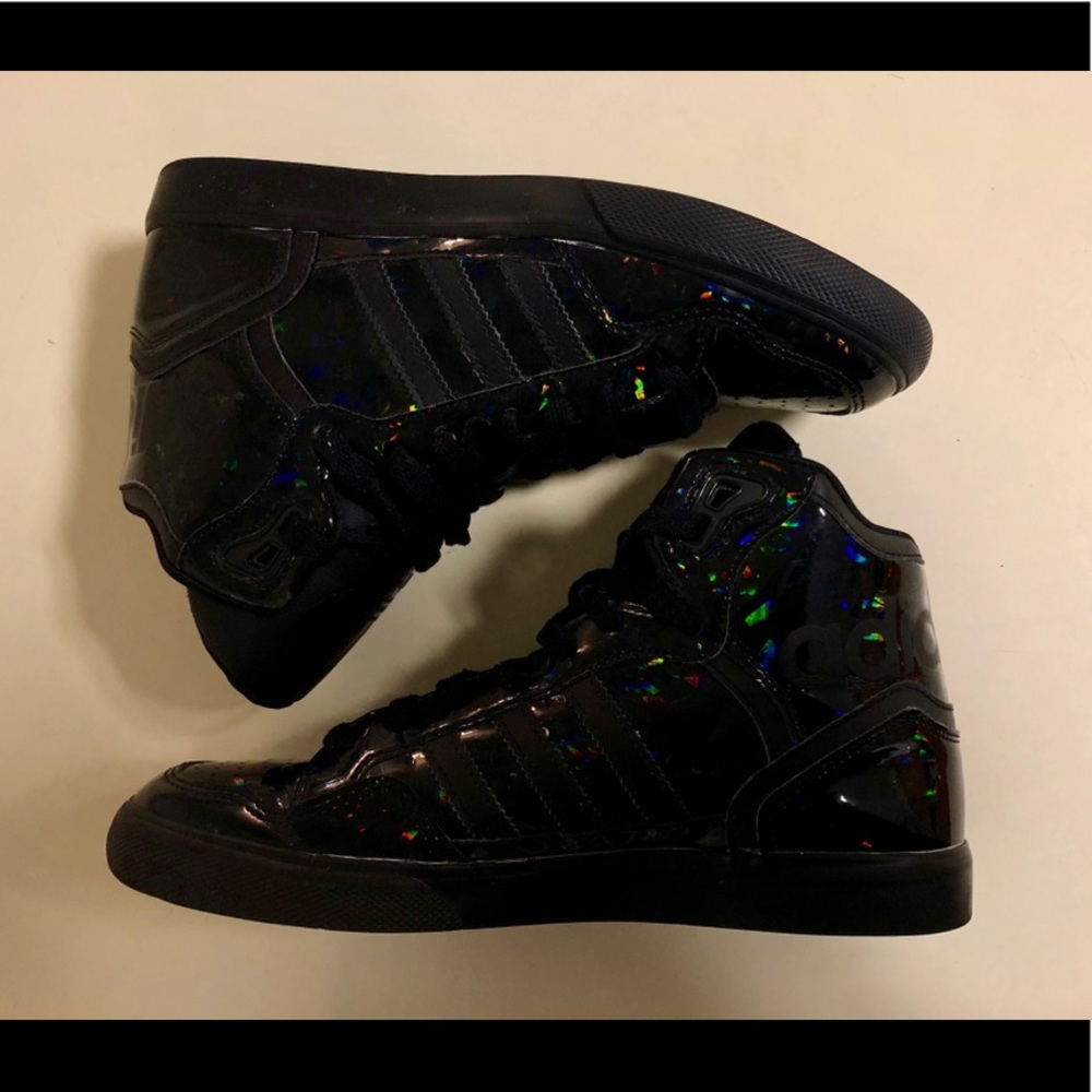 Adidas trefoil black iridescent high top sneakers